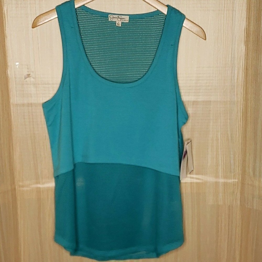 Jessica Simpson The Warm Up Womens Teal Mesh Knit Tank Top Large